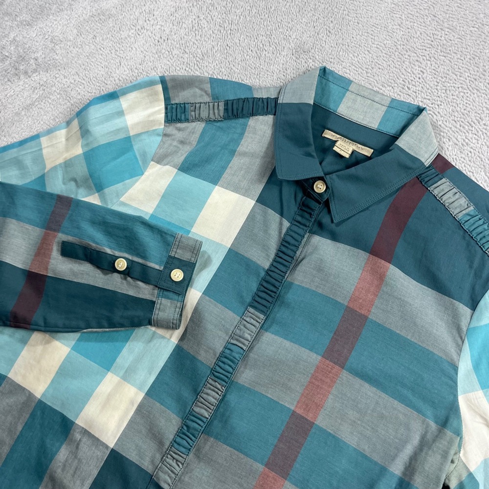 Burberry Brit Womens Teal Blue Nova Check Pleated Button Down Shirt Size Small